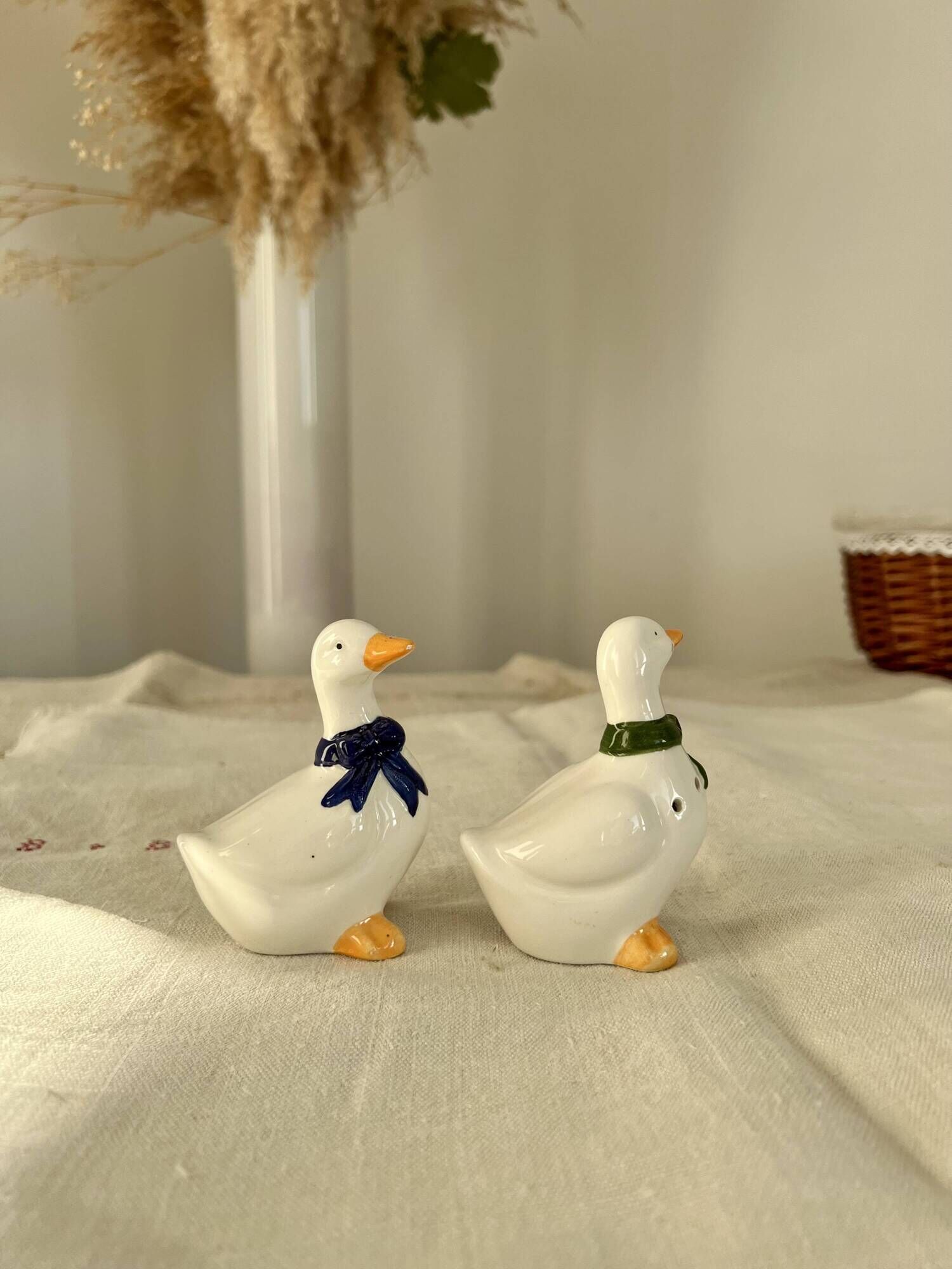 Vintage porcelain salt and pepper shaker in the shape of cottage core geese