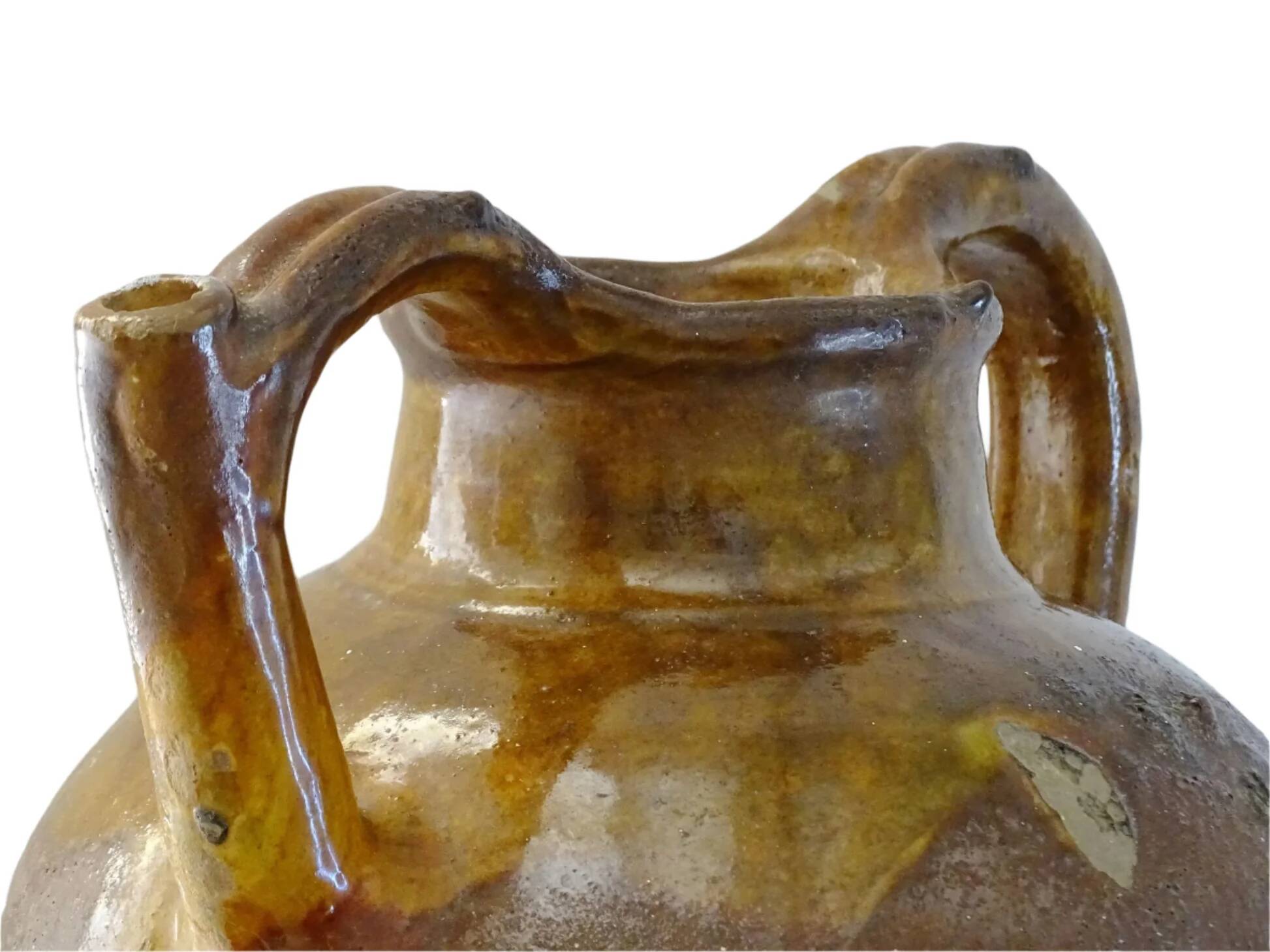 Céramique ancienne française en orjol ou cruche à glaçure rouge et jaune