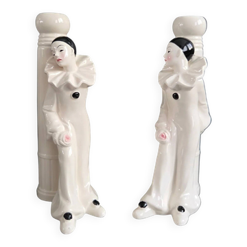 Pair of Pierrot candlesticks in earthenware - 1980s