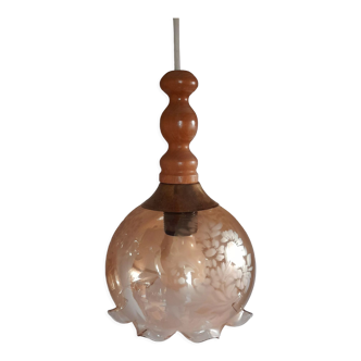 Amber glass globe suspension, floral motifs - vintage