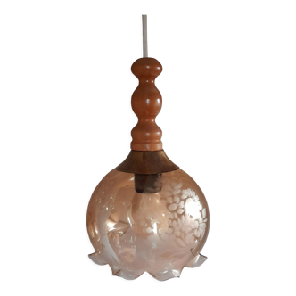 Suspension globe en verre ambré, motifs floraux - vintage