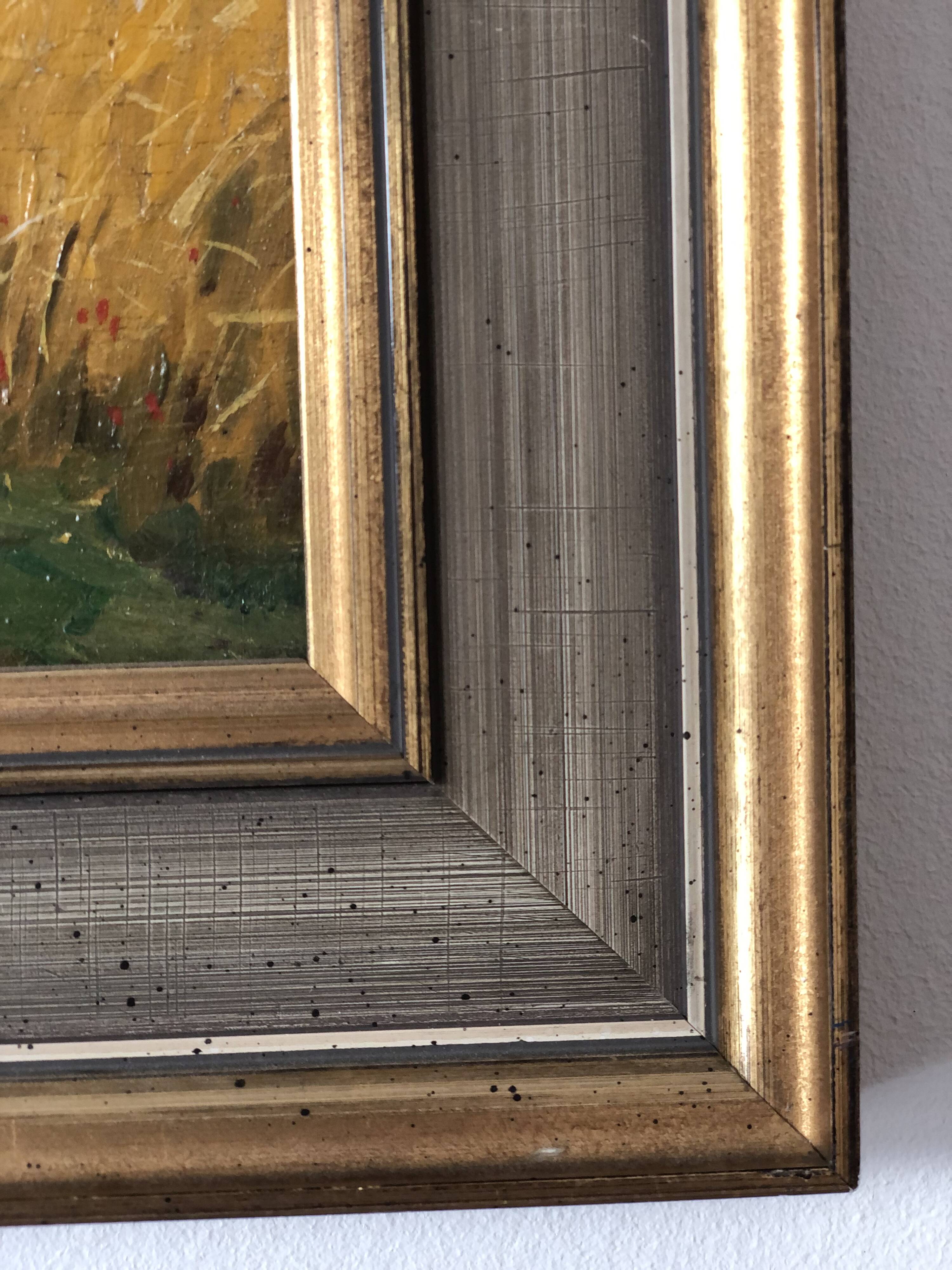 Peinture à l'huile vintage originale de paysage de cottage : Art de la nature encadré