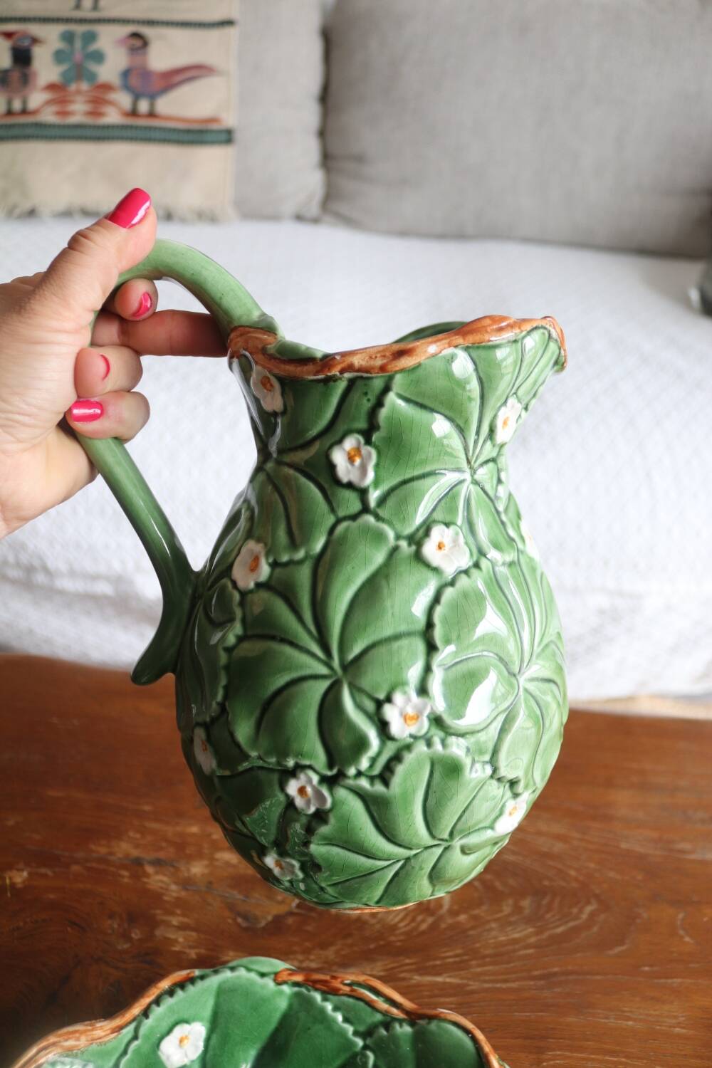Pitcher and dish in strawberry leaf and flower slip
