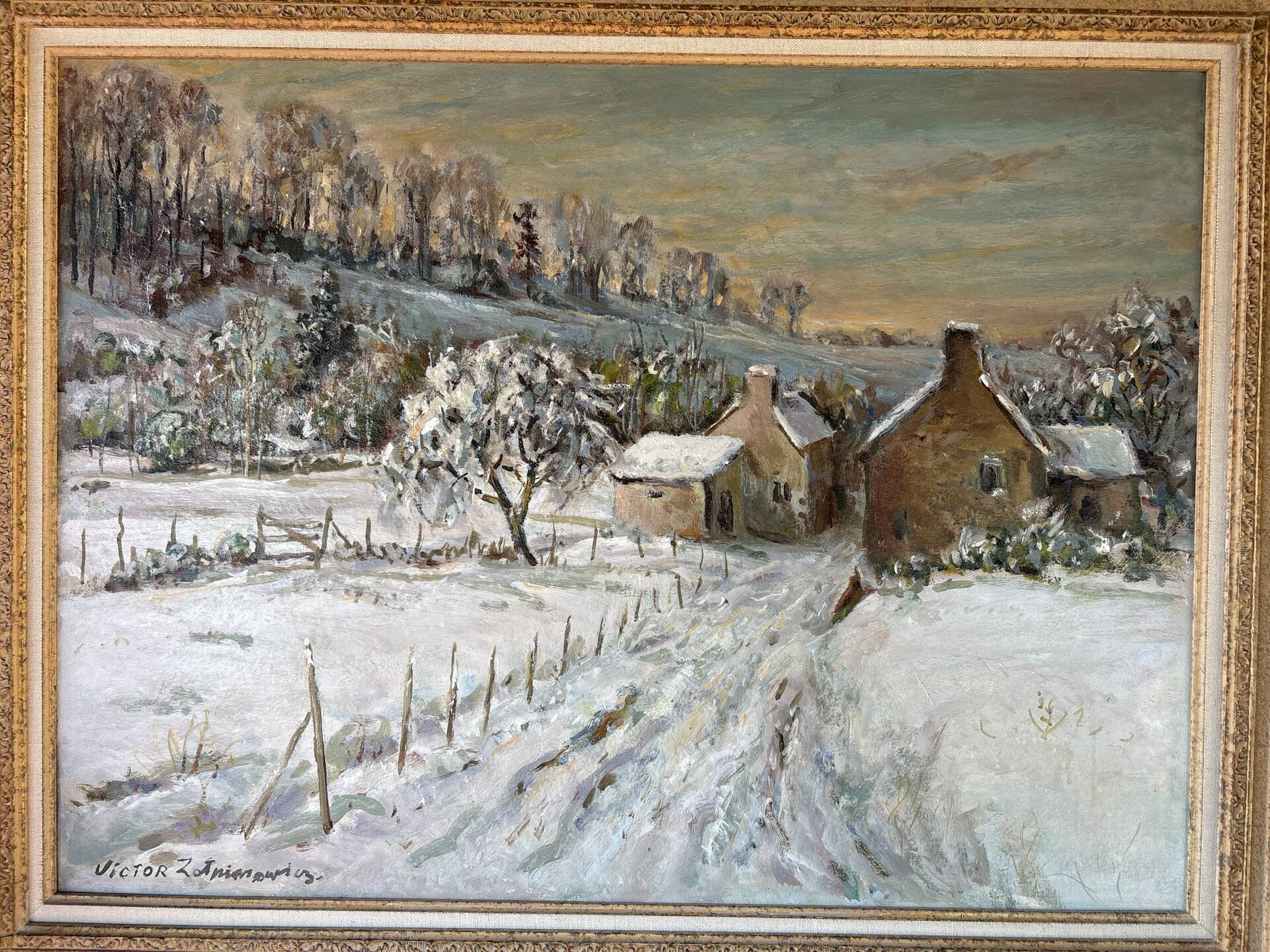Large oil on canvas signed by Victor Zolnierowicz – Snowy landscape in