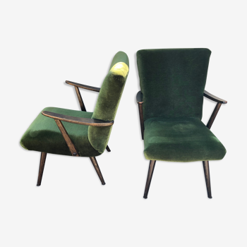 Pair of wood armchairs green velvet vintage 60