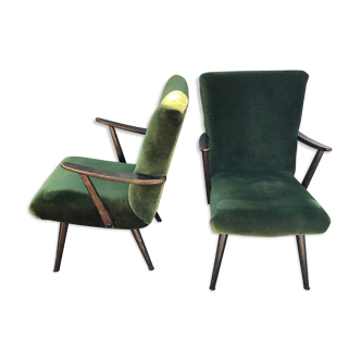 Pair of wood armchairs green velvet vintage 60