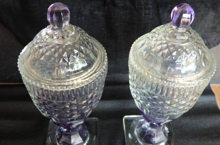 2 antique glass bonbonnières in the shape of pine cones.