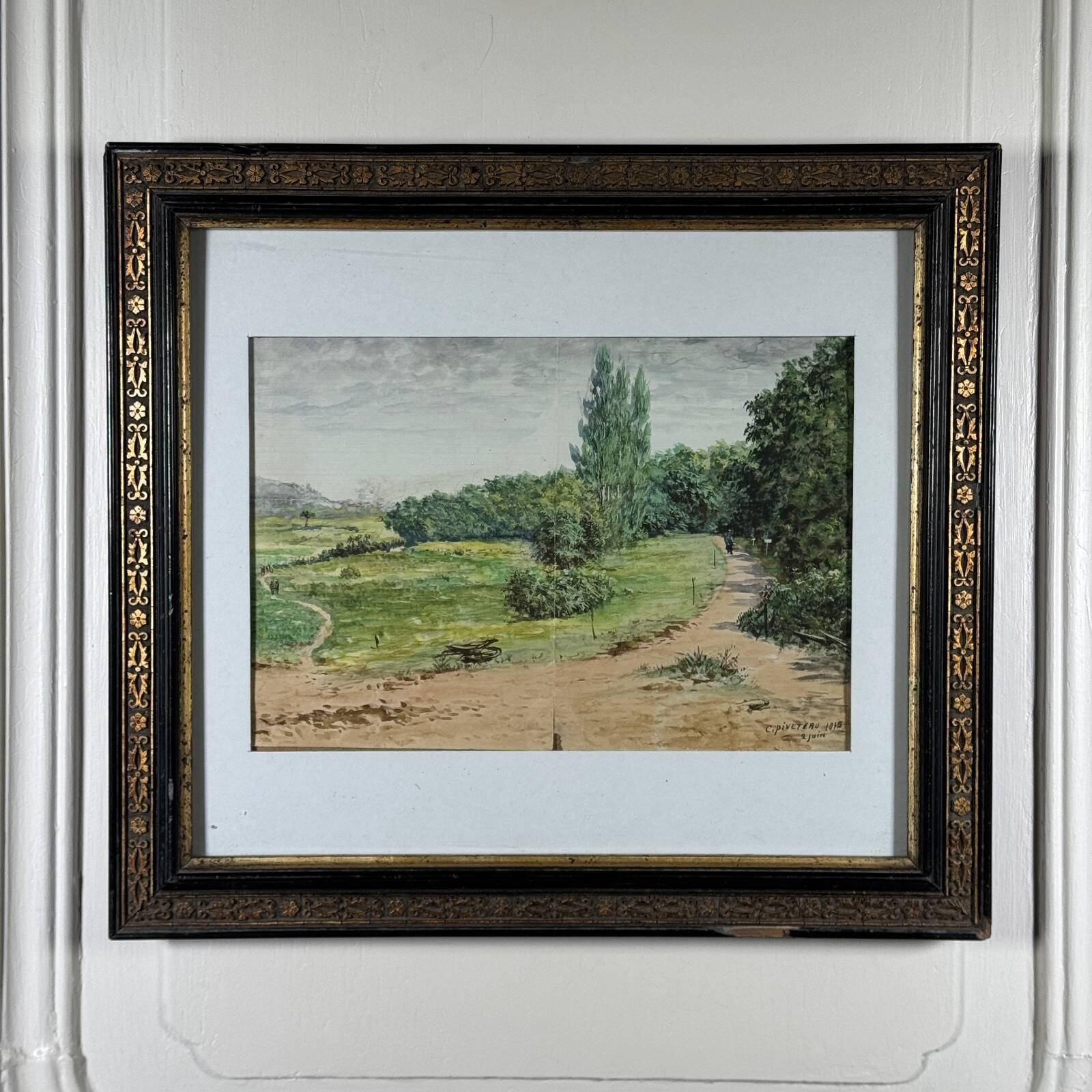 Watercolour on paper depicting a path by C. Piveteau 1915