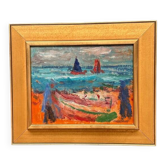 Original Swedish Oil on Panel – “Coastal Landscape with Fishermen and Boats” by Eric With – Vintage & Framed – 50 × 47 cm (19.7" × 18.5")