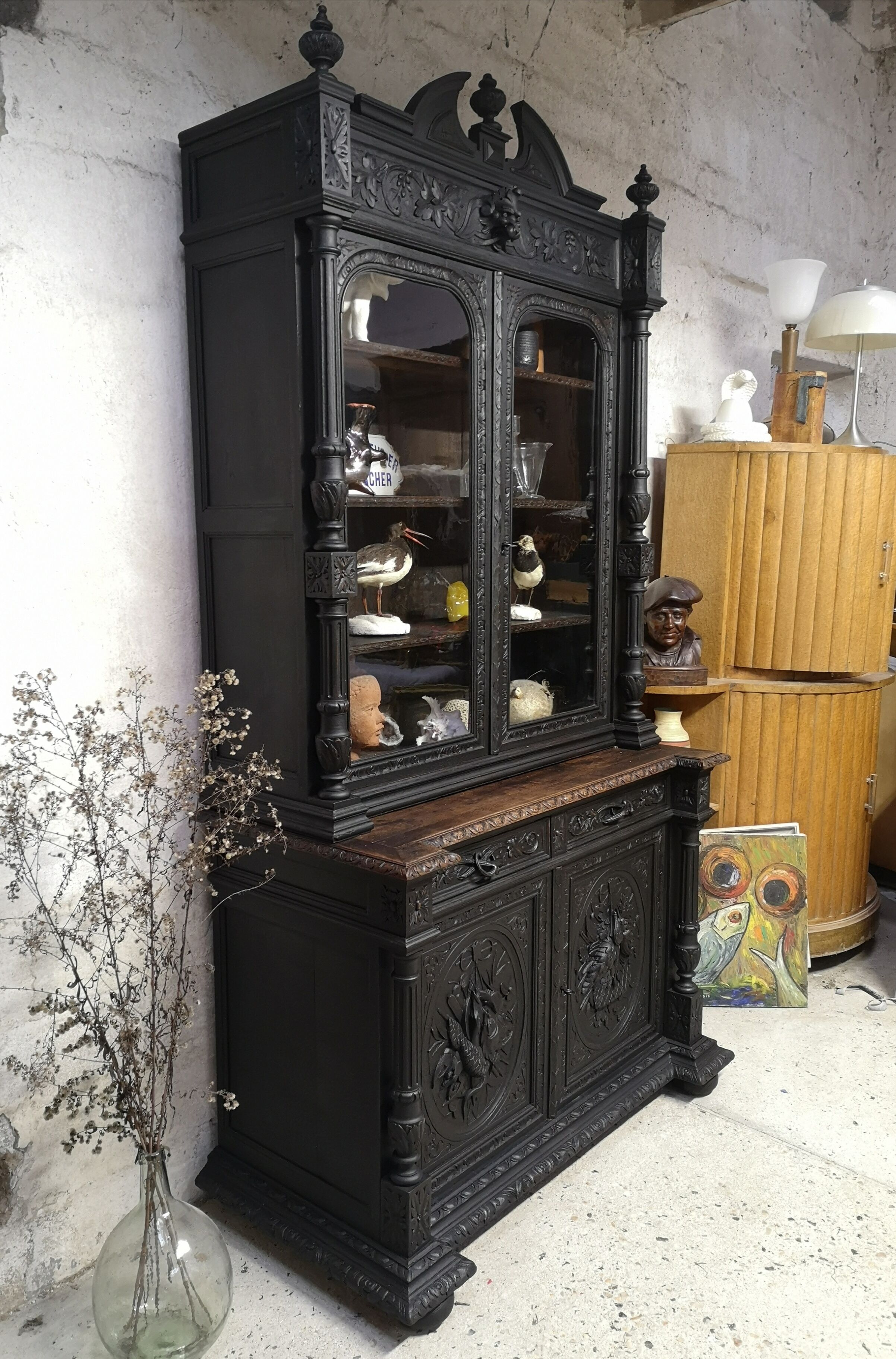 Hunting buffet XIX Louis XIII oak, cabinet curiosity showcase library