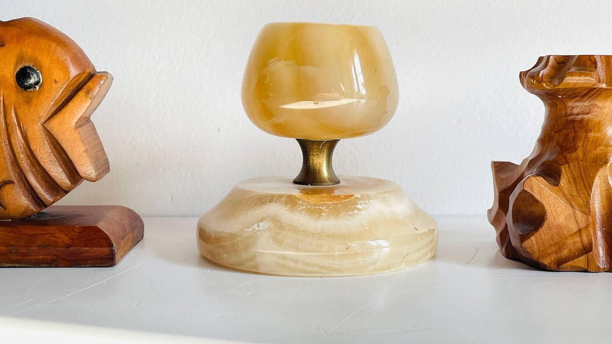 Trio of vintage wood and onyx candle holders