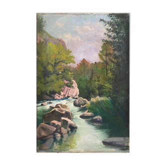 Painting "Mountain torrent with trees" HST late nineteenth century