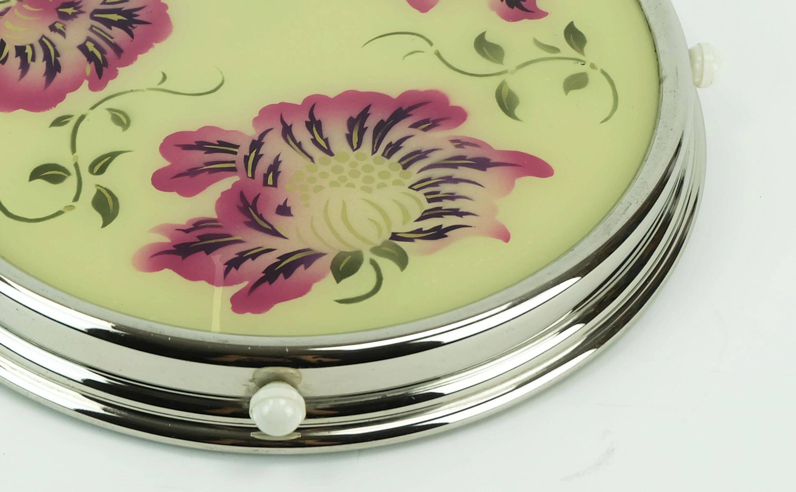 1930s rotatable cake platter glass chrome with pink and purple flower decor