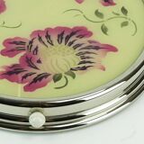 1930s rotatable cake platter glass chrome with pink and purple flower decor