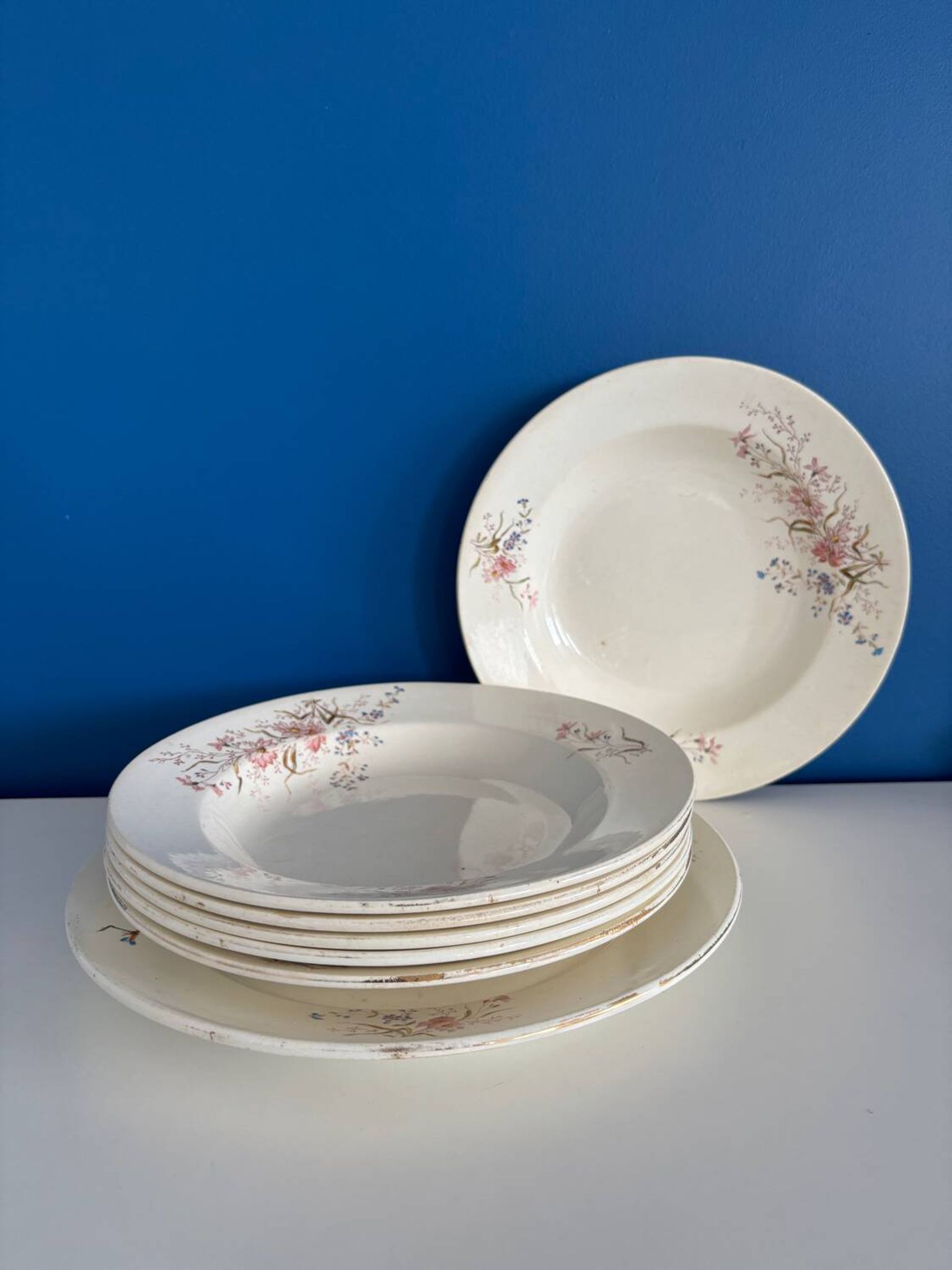 Ensemble de 6 assiettes creuses et 1 plat en terre de fer polychrome Choisy-le-Roi