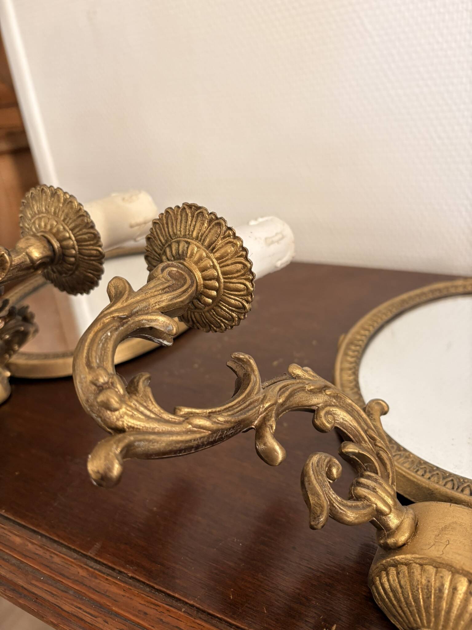 Antique Wall Sconce Mirror Candle Holder Golden Louis XVI