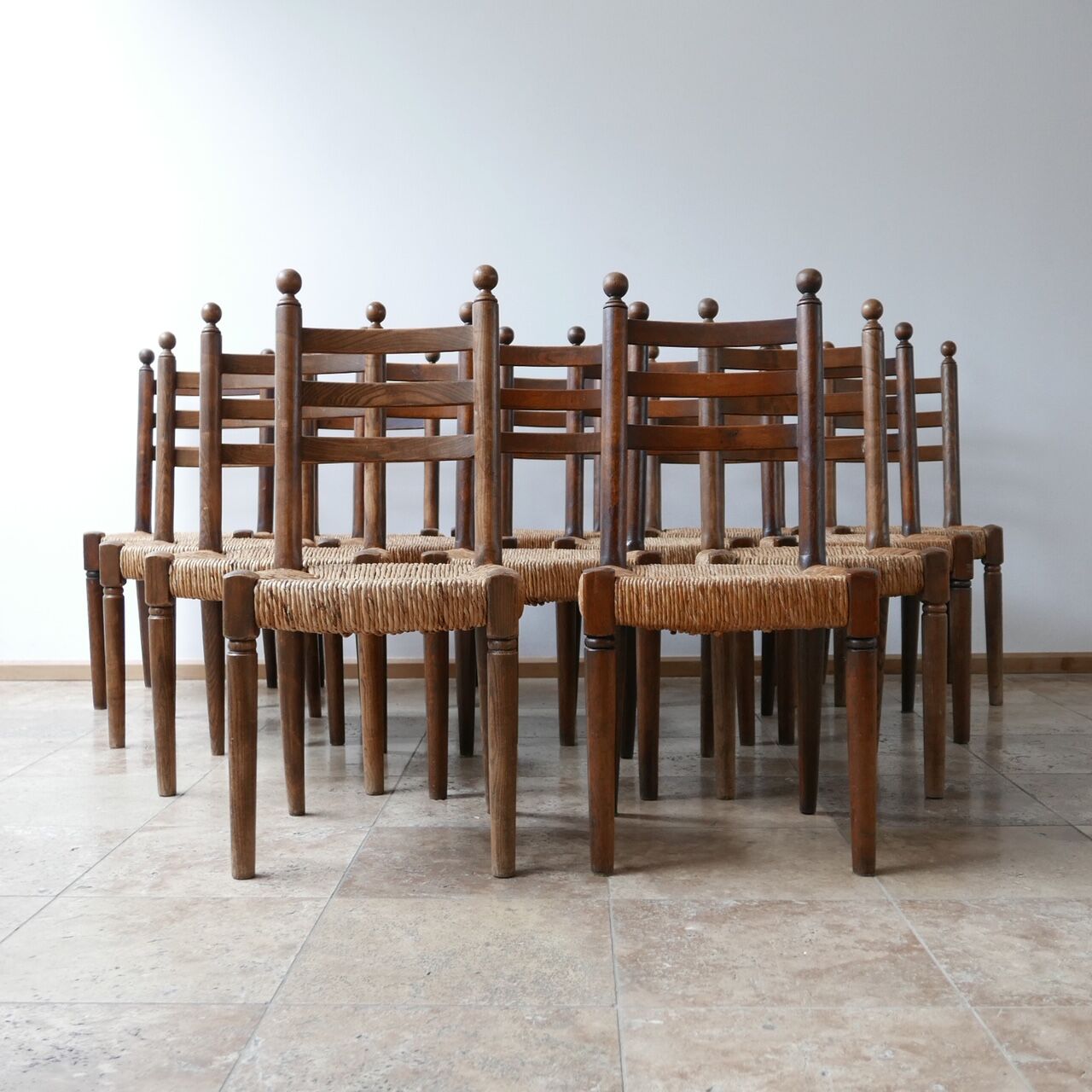 Set of 14 mid-century french rush farmhouse dining chairs