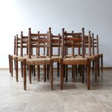 Set of 14 mid-century french rush farmhouse dining chairs