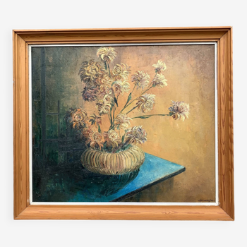 Huile sur toile nature morte aux chrysanthèmes