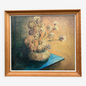 Oil on canvas still life with chrysanthemums