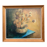 Oil on canvas still life with chrysanthemums