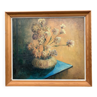 Oil on canvas still life with chrysanthemums