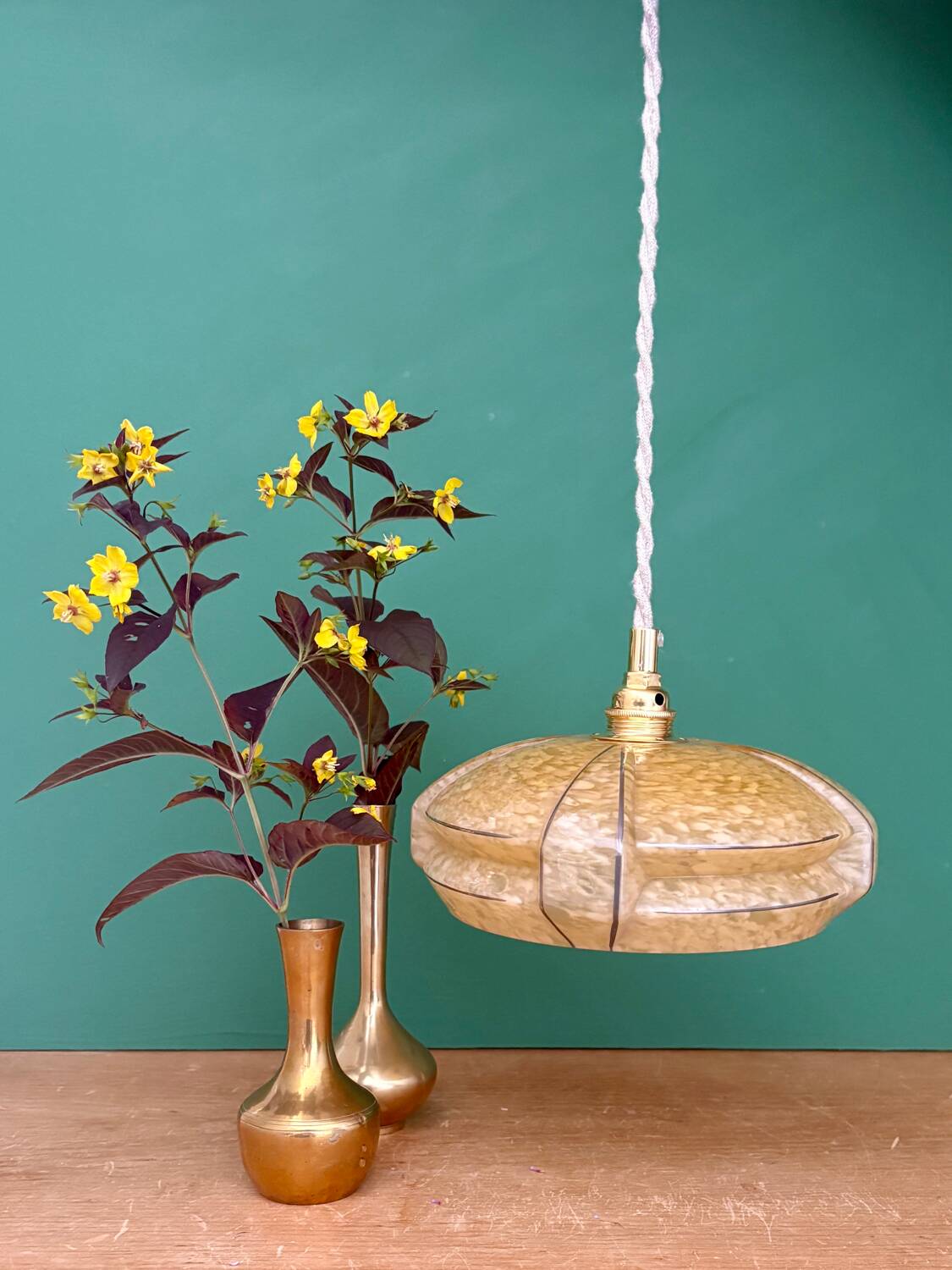 Vintage art deco pendant light with a yellow and white Clichy glass lampshade