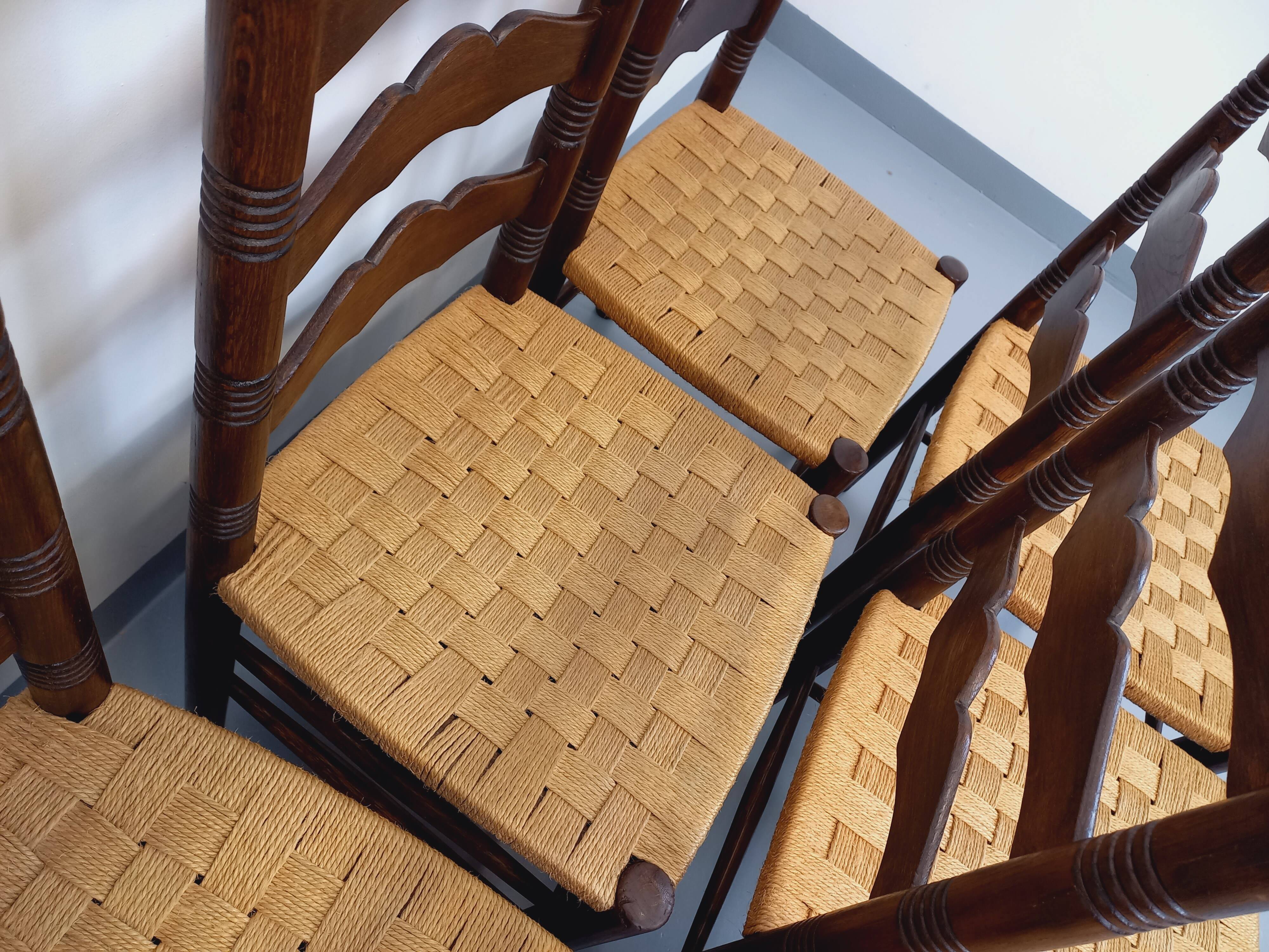 Set of 6 vintage Arts & Crafts chairs in Antonio Calligaris style in rope oak wood from the 50s