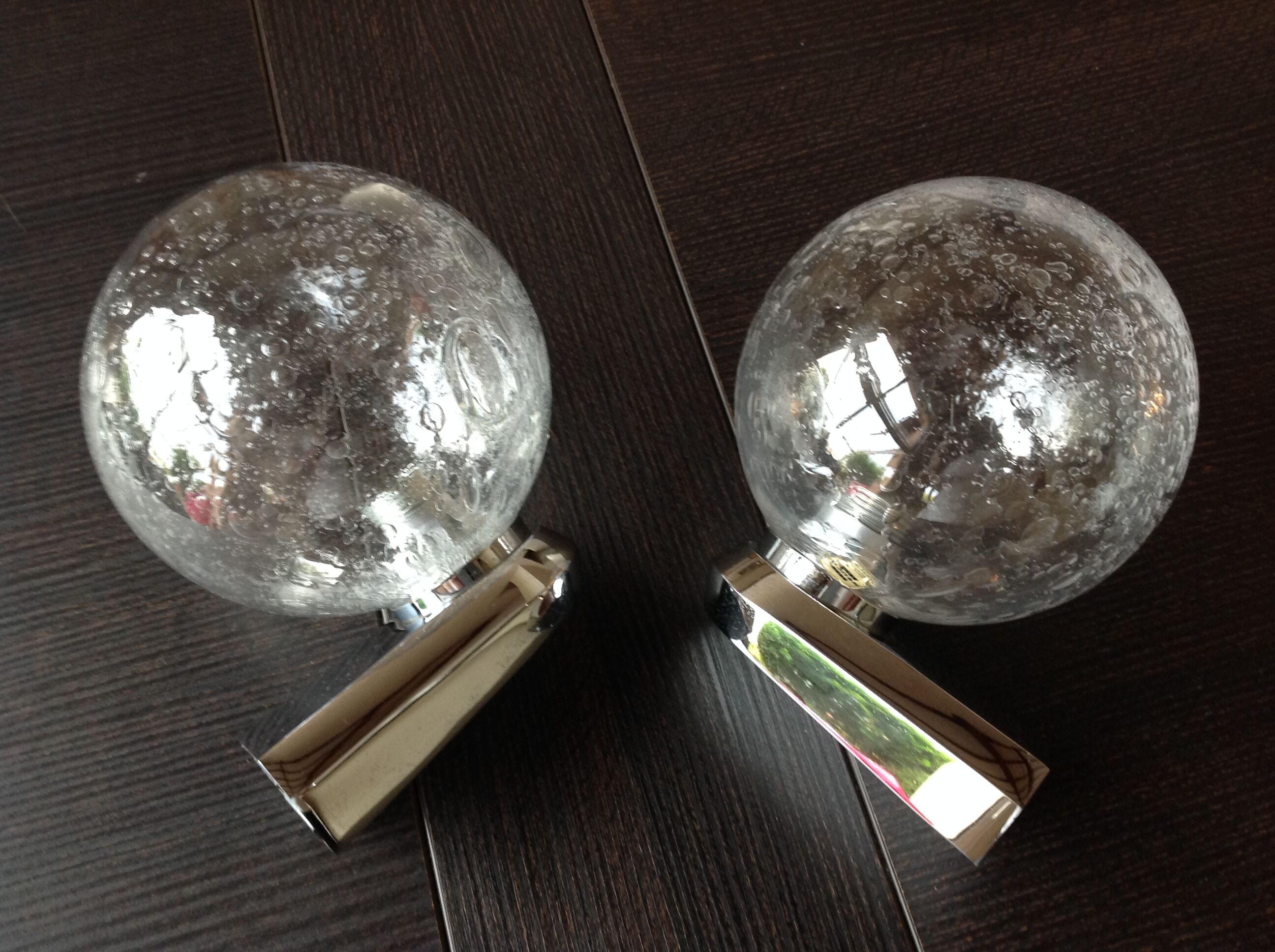Pair of chrome sconces and crystal globe bubbled by Keuco / vintage 70s