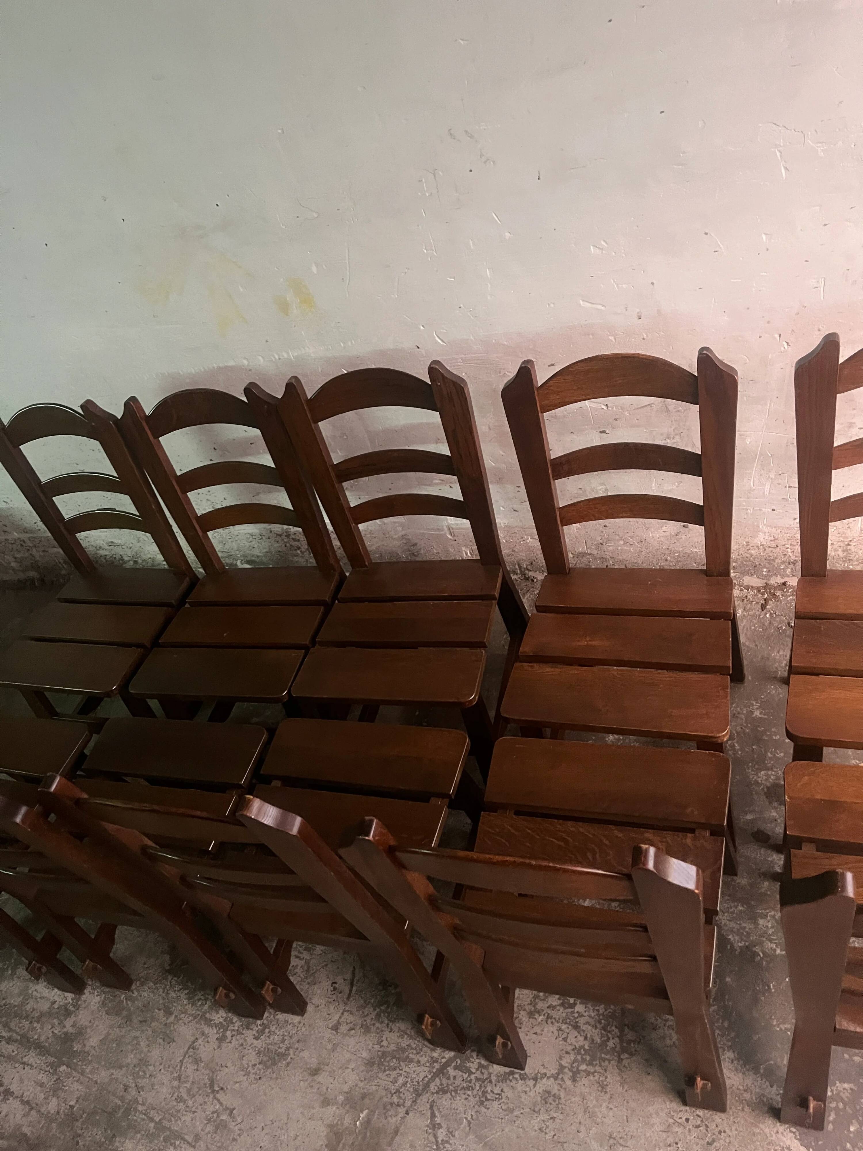 Brutalist wooden chairs – set of 10 (1970s)