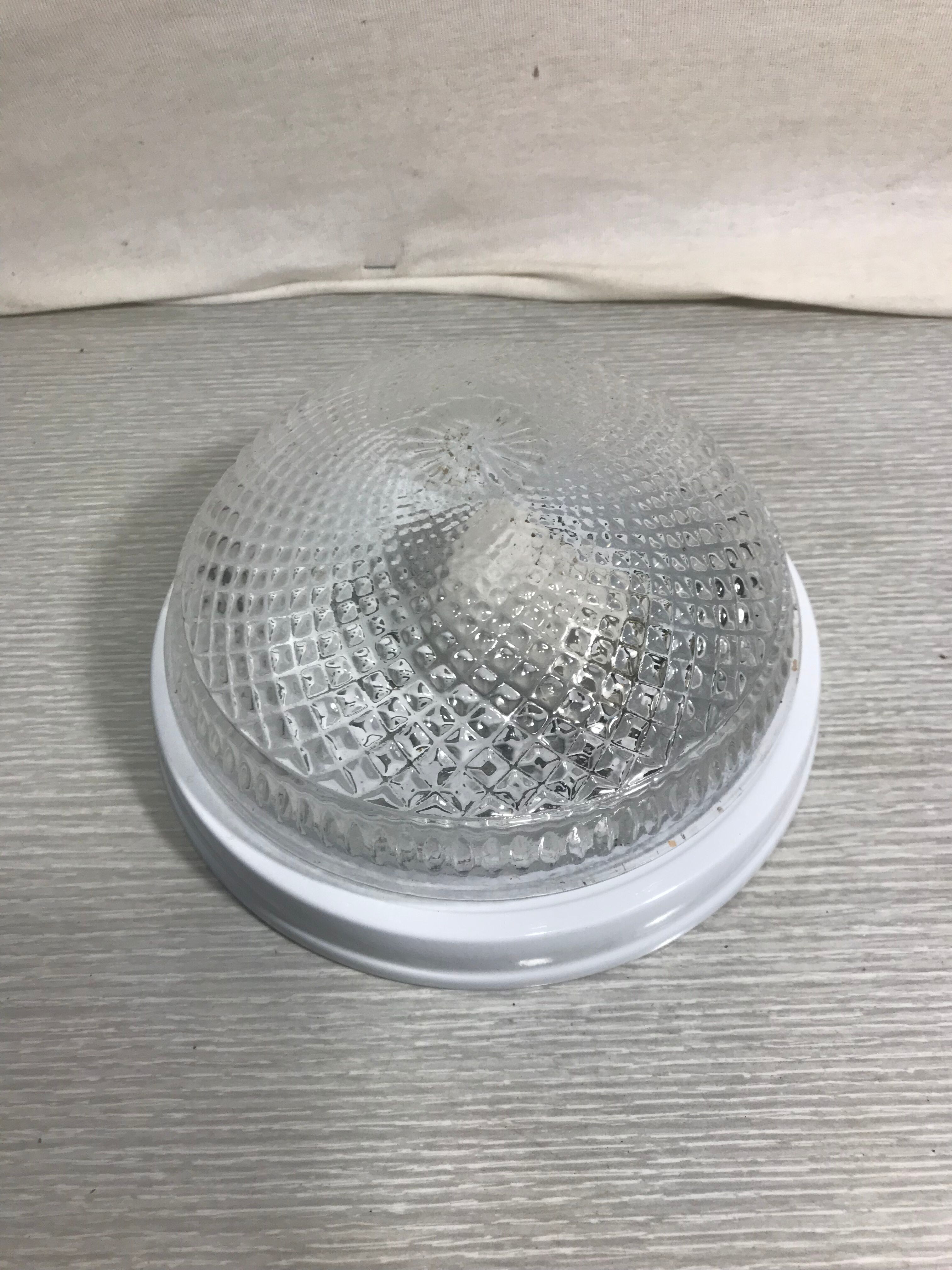 Old ceiling light molded glass vintage white metal support