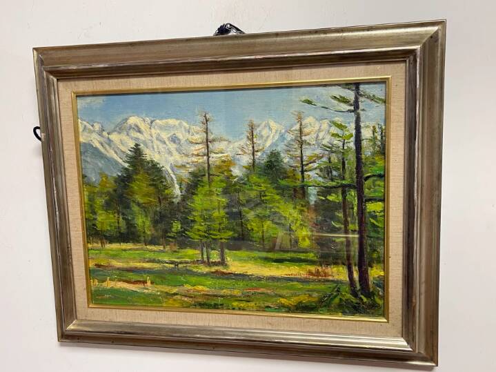 Snowy mountain landscape with pine trees, oil on canvas.