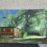 Table, painting on canvas, the caravan unsigned vintage