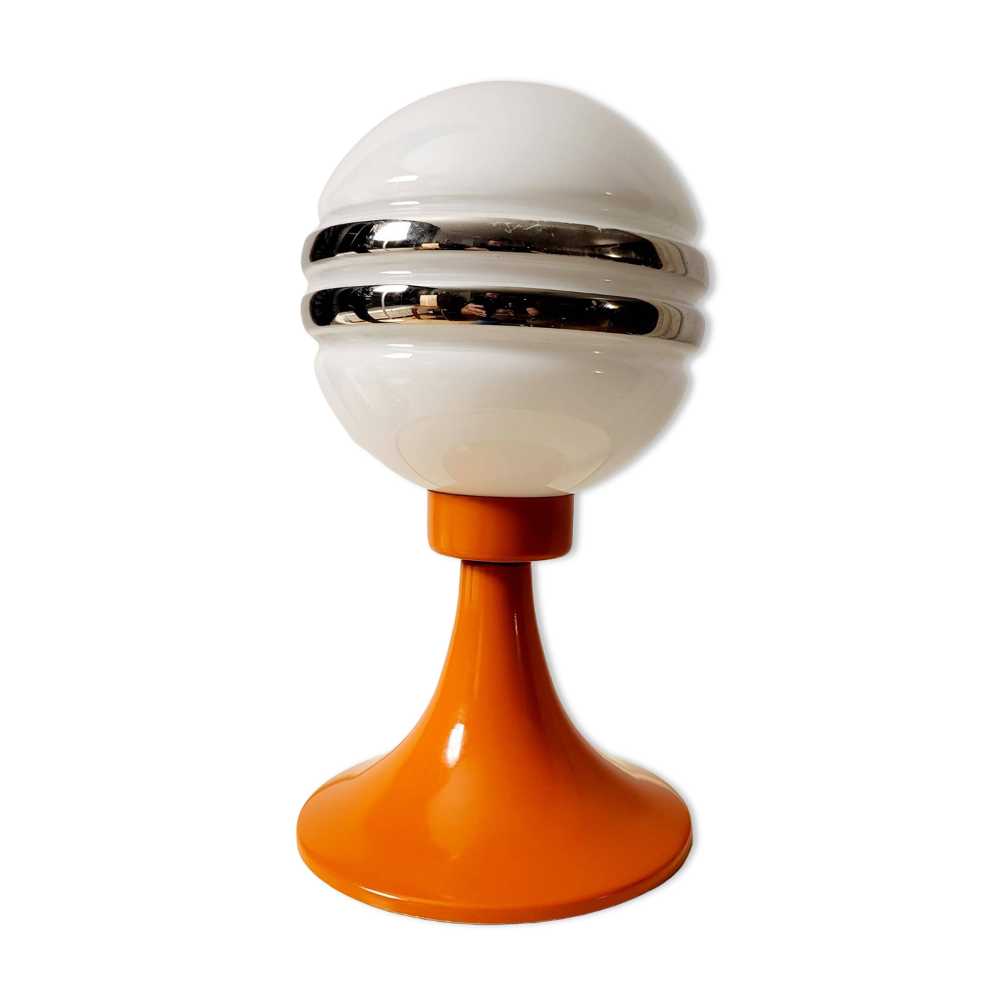 Orange metal and glass table lamp, circa 1960.