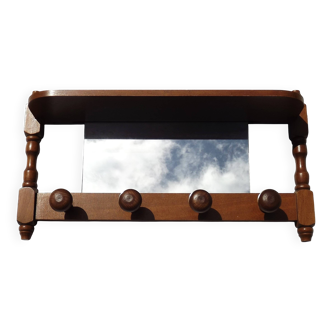 Vintage French Mid-Century WallMounted Coat Rack with Mirror and Shelf 3529