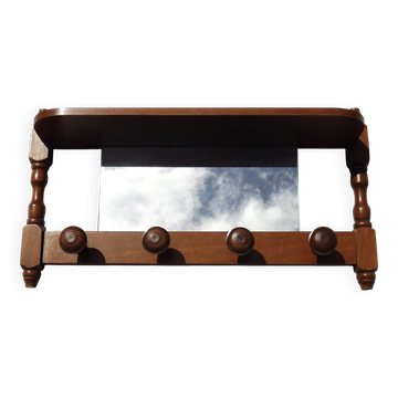 Mid-century French vintage wall coat rack with mirror and shelf 3529