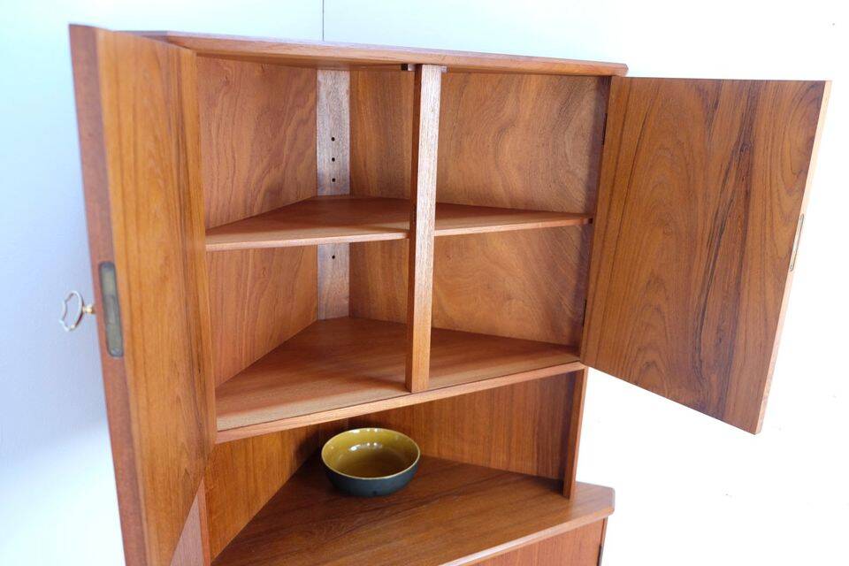 Vintage Danish teak corner cabinet, retro 1960s style.