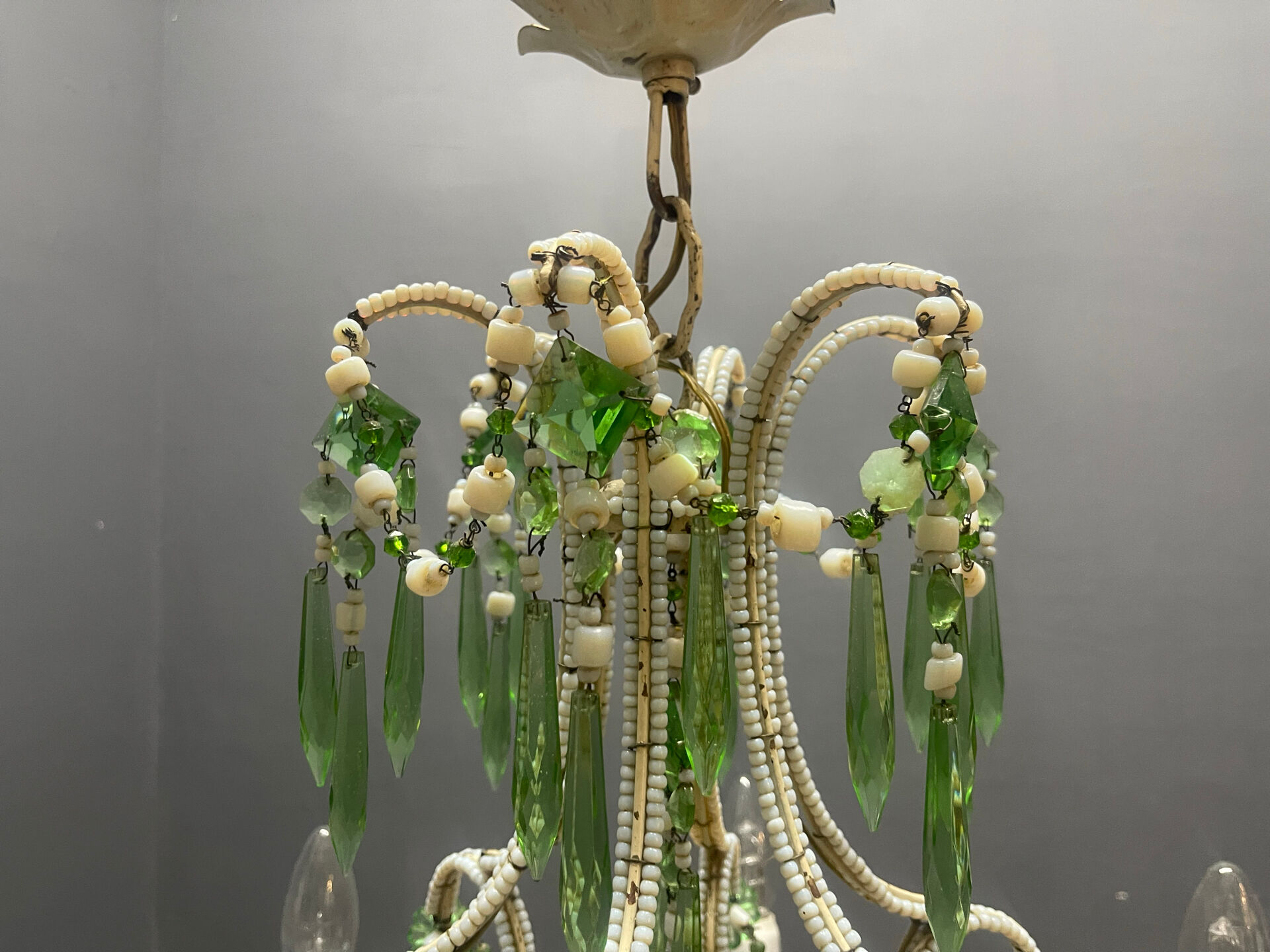 1950s Opaline Glass Beaded Chandelier Pastel Blue & Green Crystal Dr