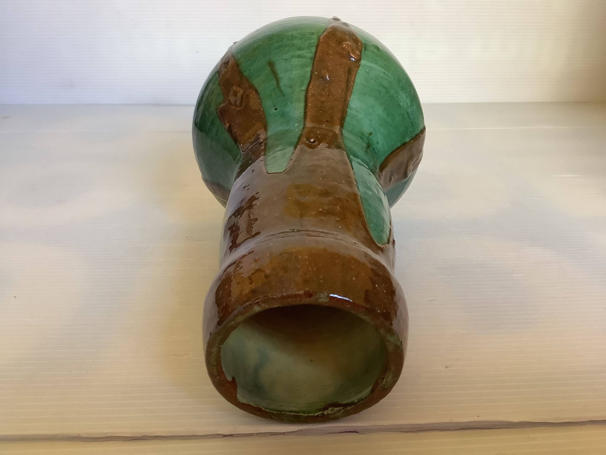 Vase bicolore vert et marron grès céramique