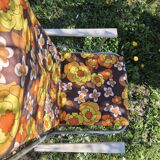 Chaise de camping pliable vintage en toile imprimé fleurs marron jaune 70