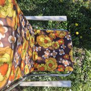 Vintage folding camping chair in canvas with brown and yellow flower print 70s