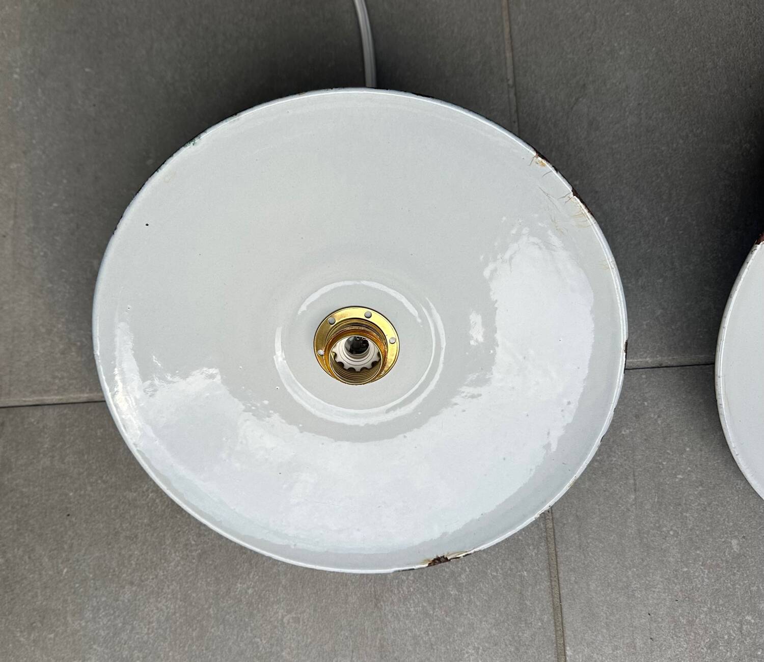 Pair of vintage lampshades, old enamelled sheet metal lampshades