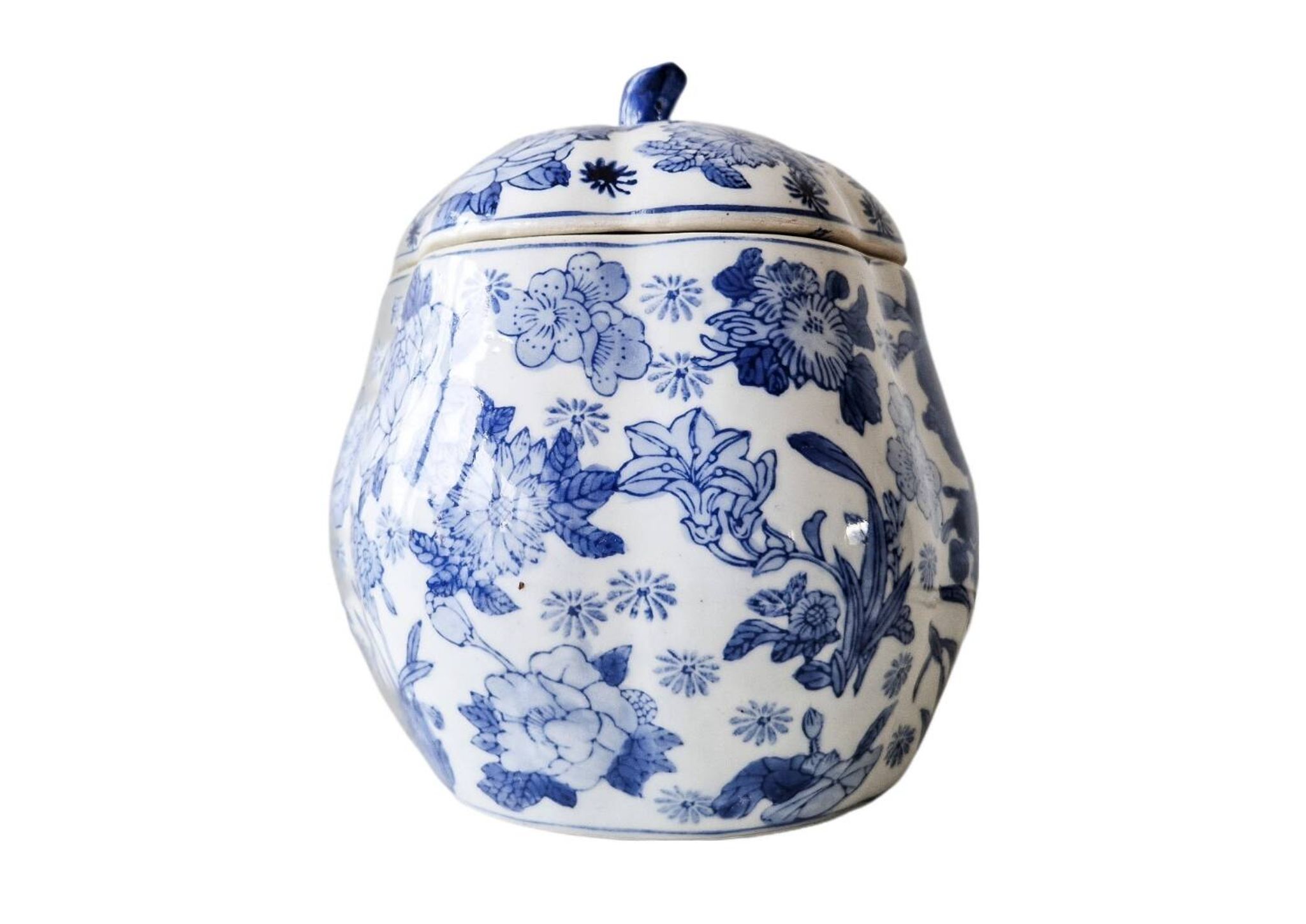 Large vintage Chinese handcrafted glazed ceramic pot with blue flower pattern