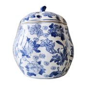 Large vintage Chinese handcrafted glazed ceramic pot with blue flower pattern