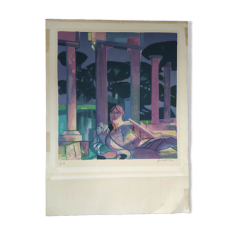 WOMAN IN PURPLE - HAND-SIGNED LITHOGRAPH - CAMILLE HILAIRE - EA