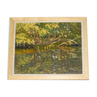 Tableau peinture Attilio Guffanti, bord de rivière 33 x 41 cm