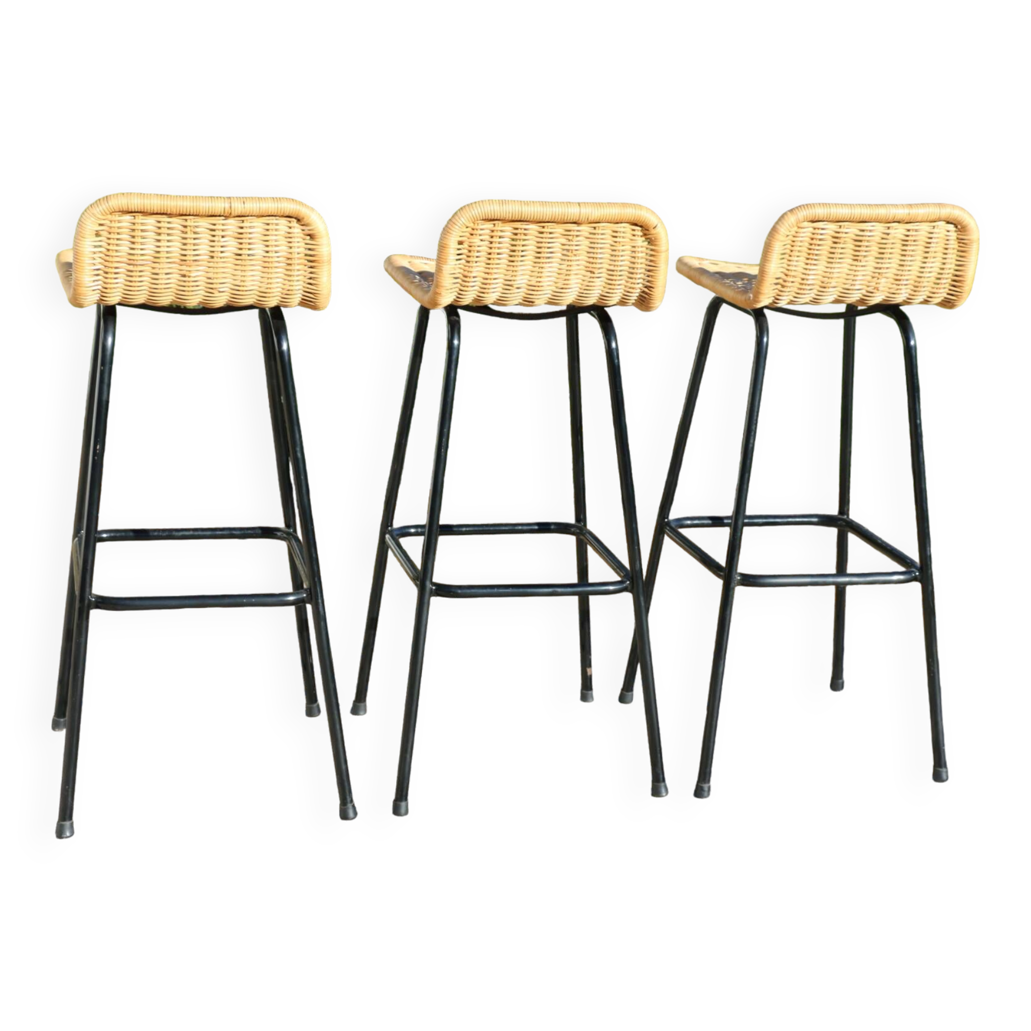 3 tabourets rotin et métal noir dirk van sliedregt