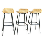 3 tabourets rotin et métal noir dirk van sliedregt