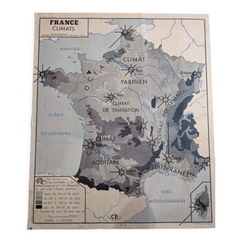 Ancienne carte de France  scolaire Rossignol années 50 le climat