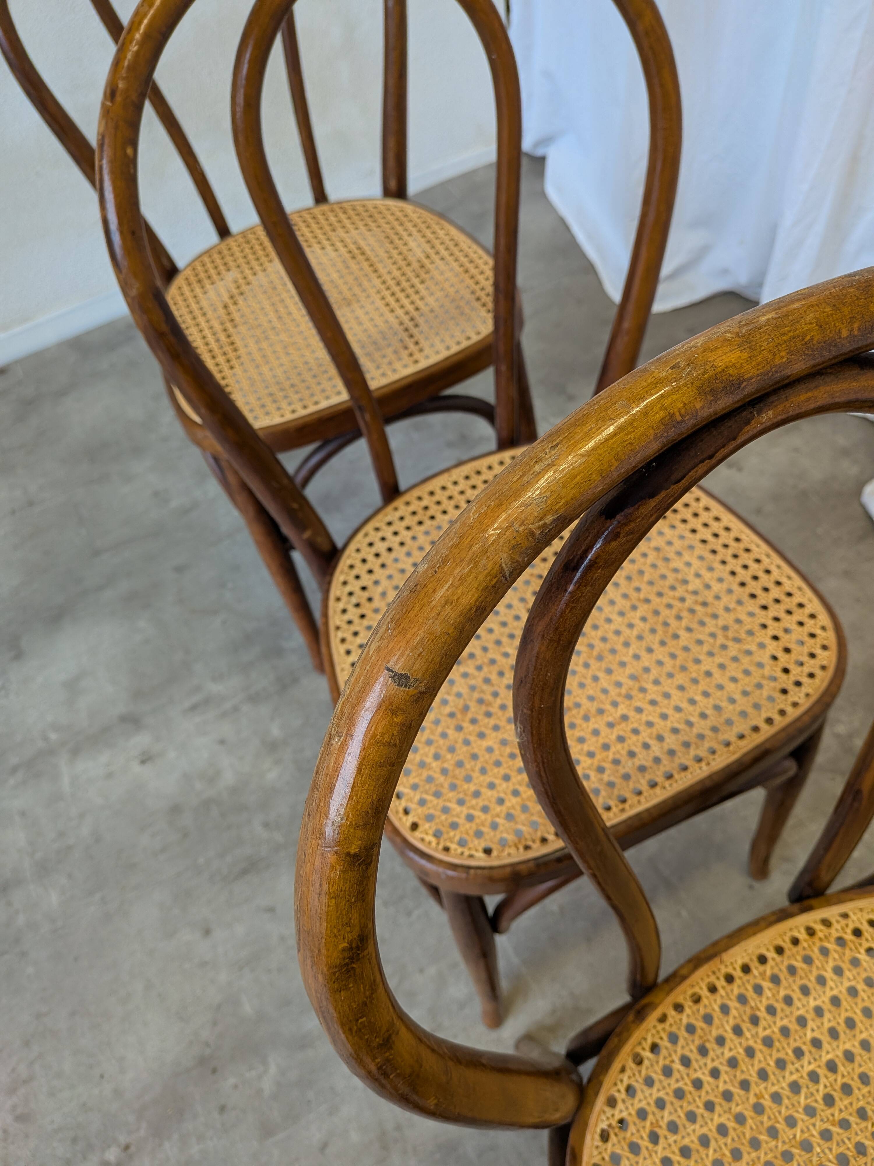 Set of 4 Vintage Thonet Style Dining Chairs: Bentwood Cane Seat, 1970s Bist